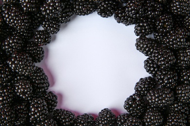 Photo of Composition with ripe blackberries on white background, top view. Space for text