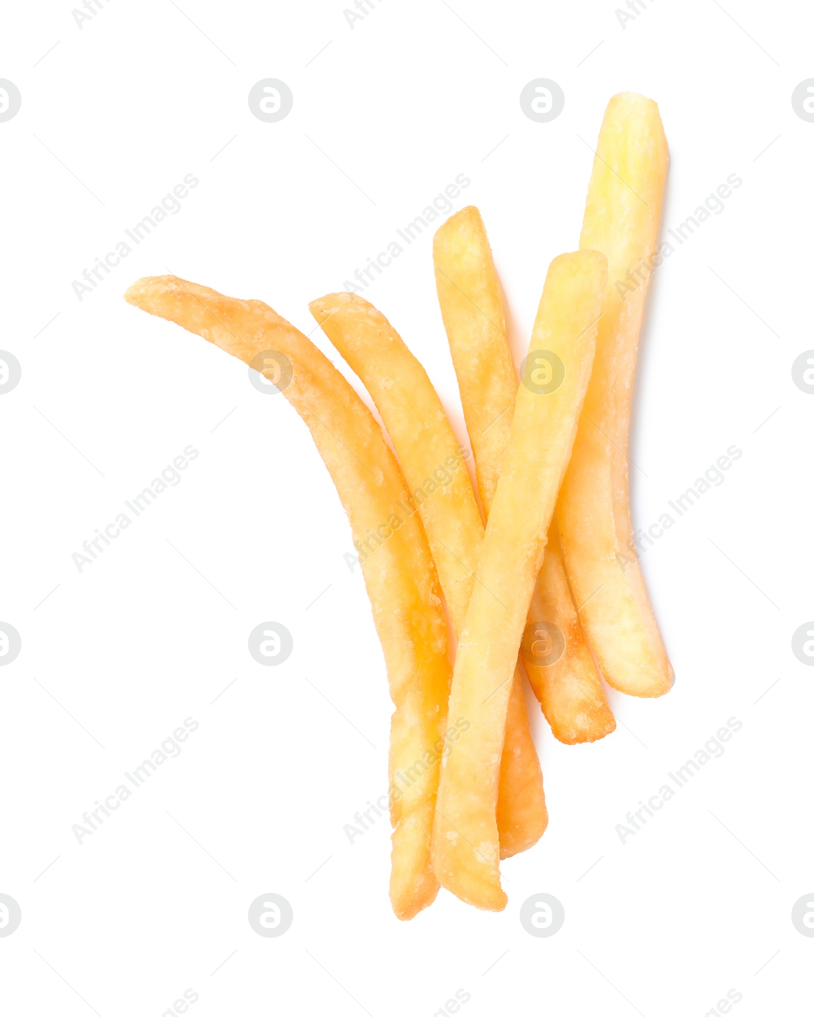 Photo of Delicious fresh french fries on white background, top view