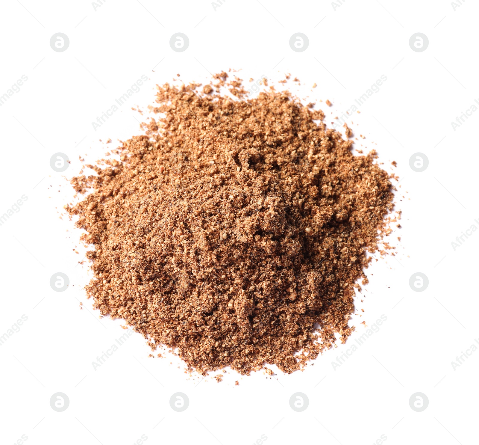 Photo of Heap of aromatic caraway (Persian cumin) powder isolated on white, top view