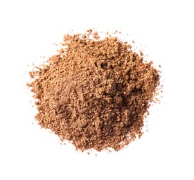 Photo of Heap of aromatic caraway (Persian cumin) powder isolated on white, top view