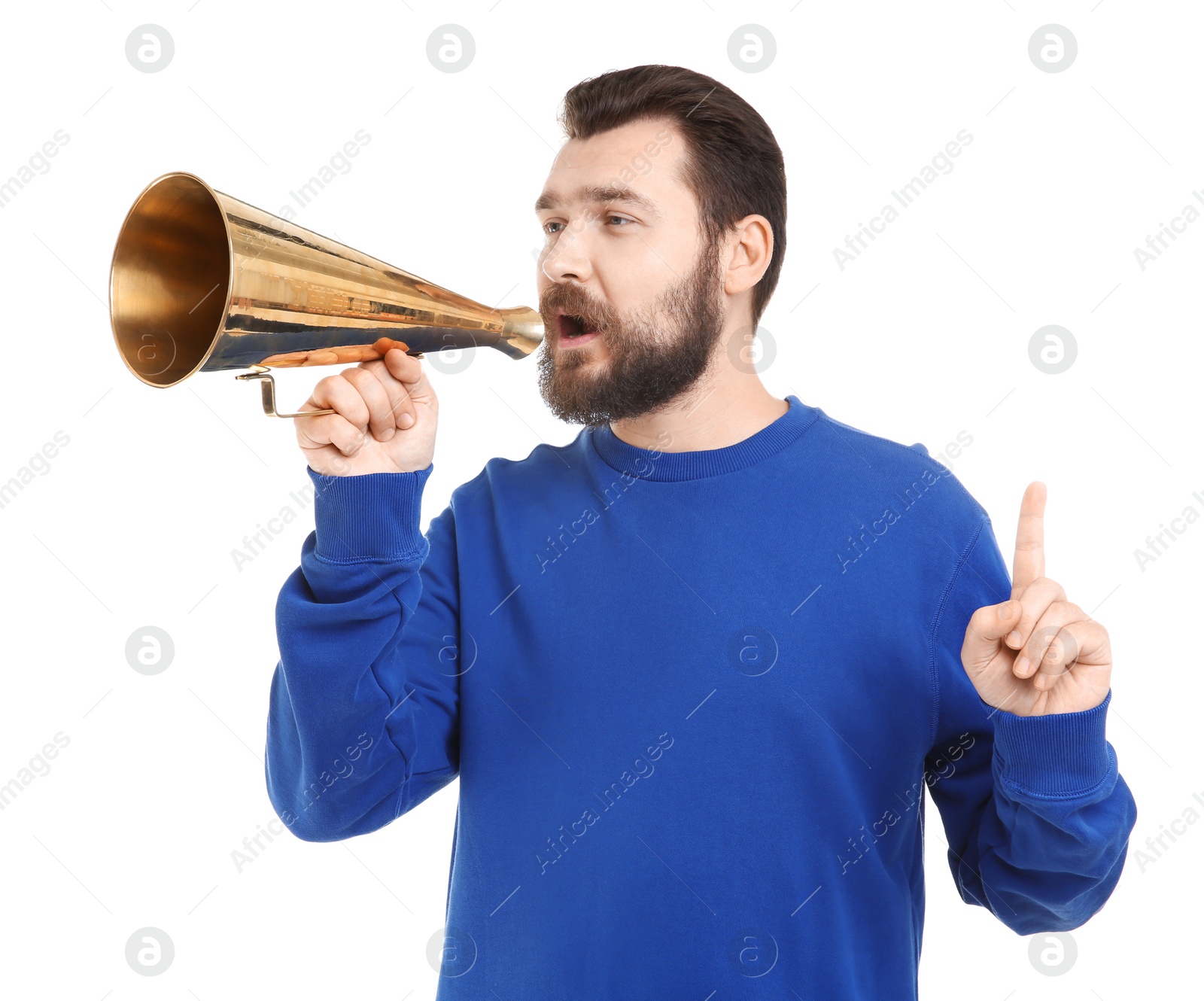 Photo of Young man with megaphone on white background