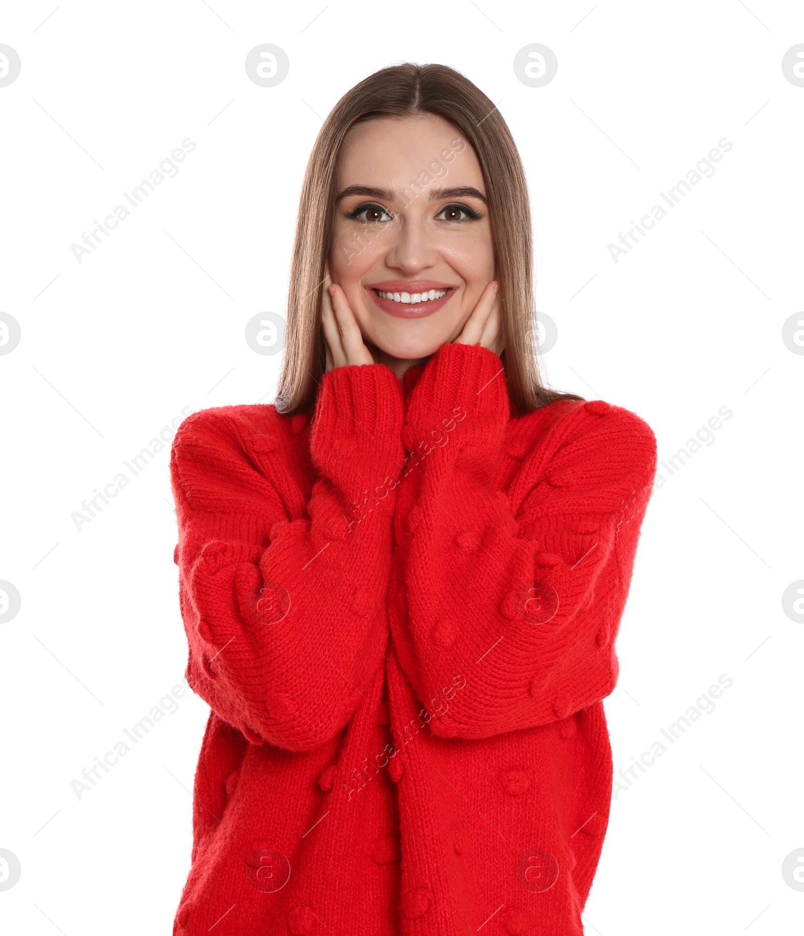 Photo of Beautiful young woman in red sweater on white background. Winter season