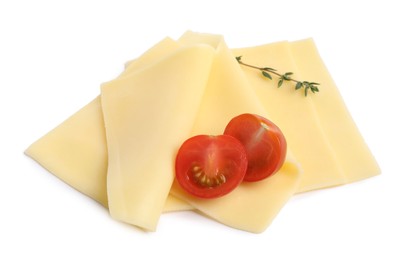 Slices of tasty fresh cheese, thyme and tomato isolated on white, above view