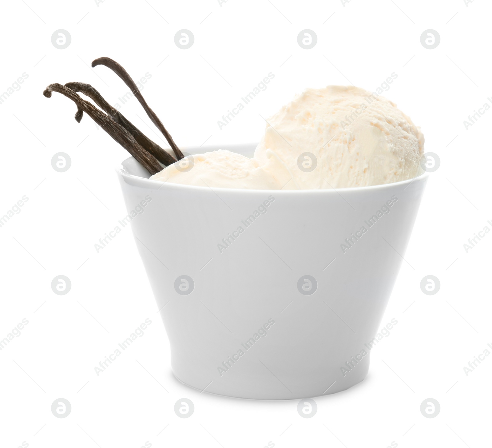 Photo of Bowl with delicious vanilla ice cream and pods on white background