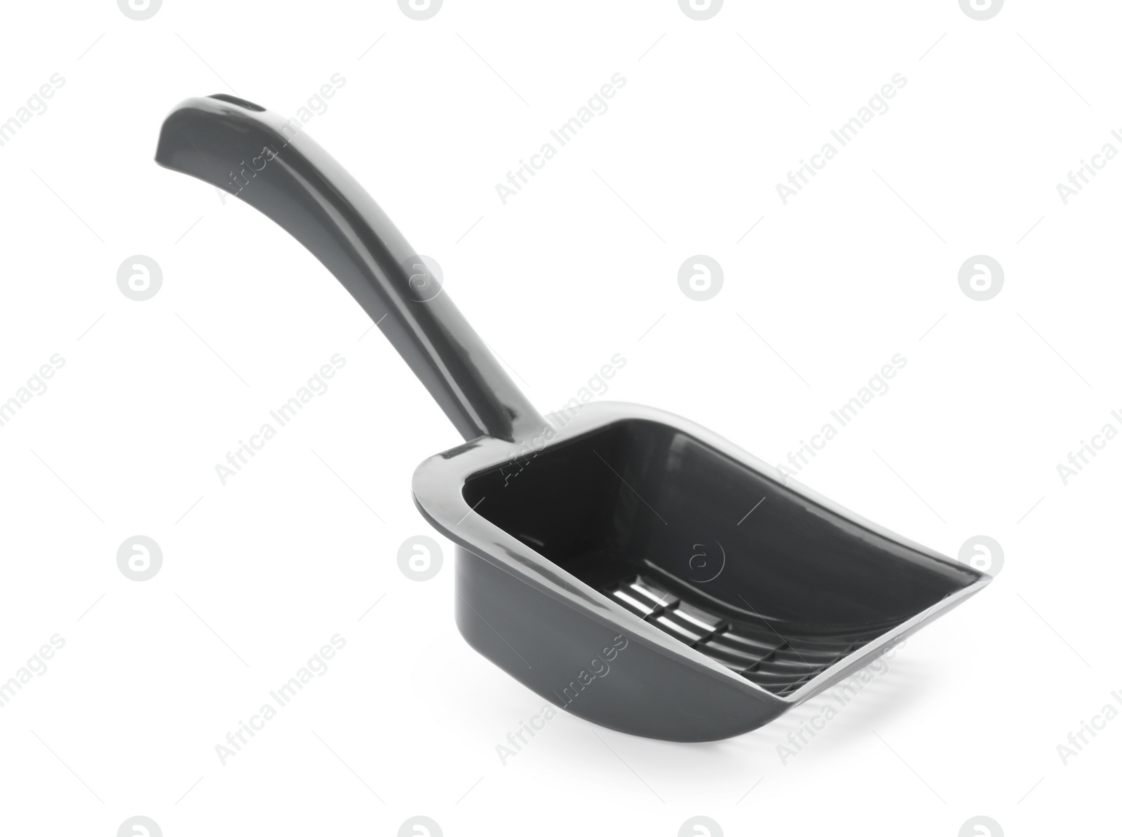 Photo of Grey plastic scoop for cat litter isolated on white