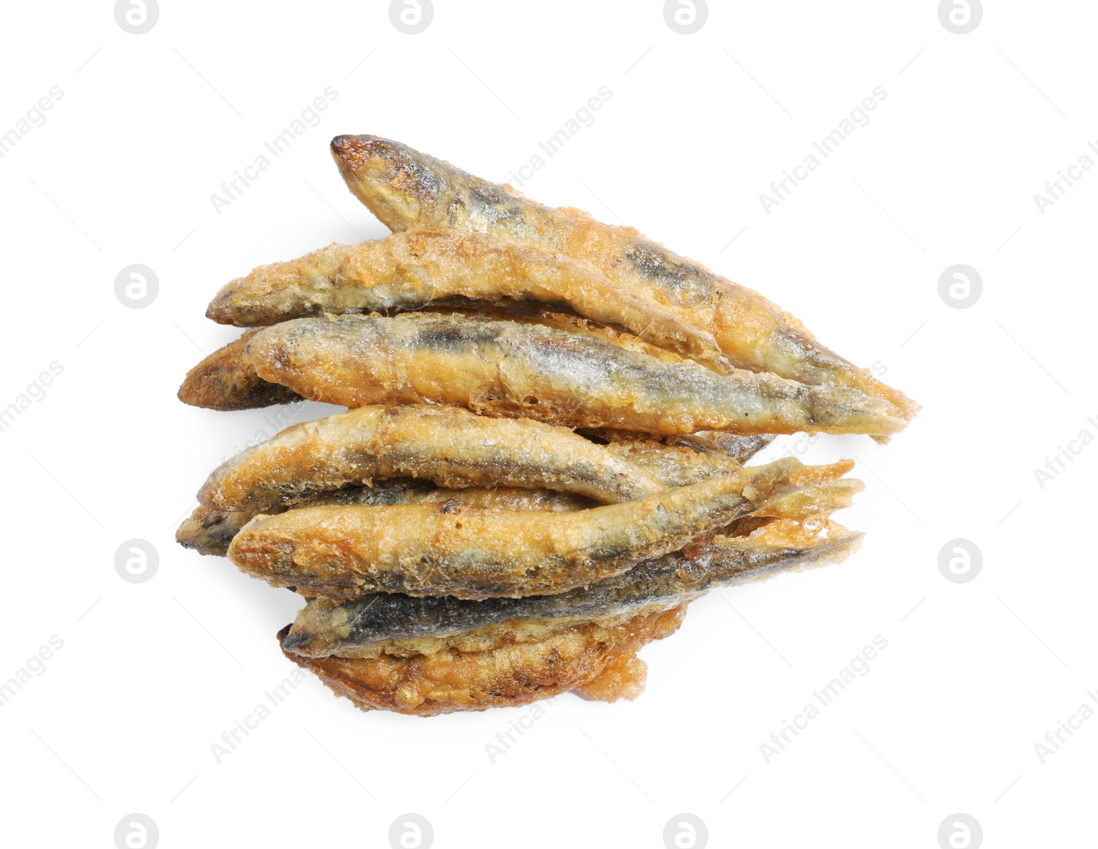 Photo of Pile of delicious fried anchovies on white background, top view