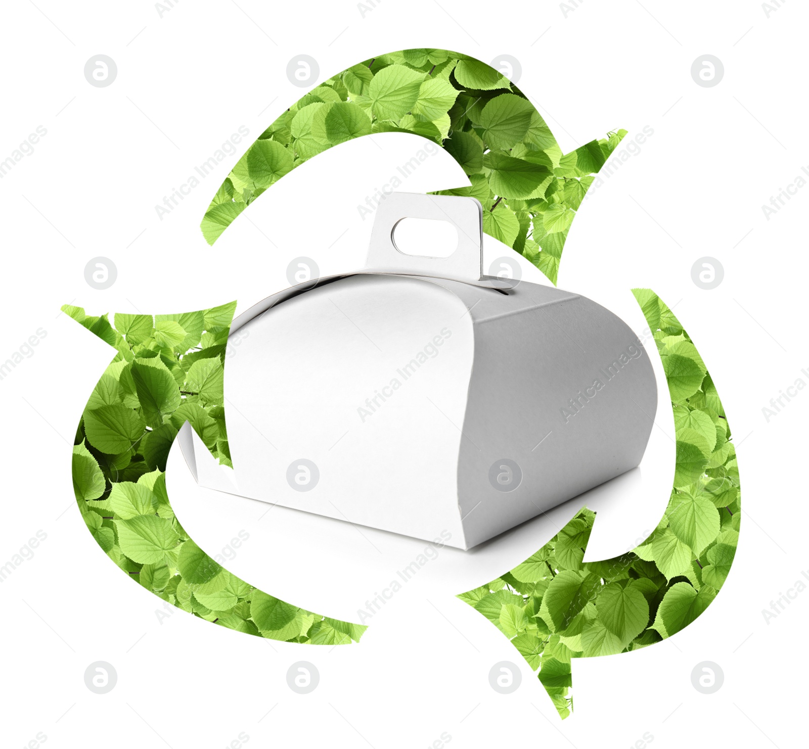 Image of Cardboard box and recycling symbol on white background