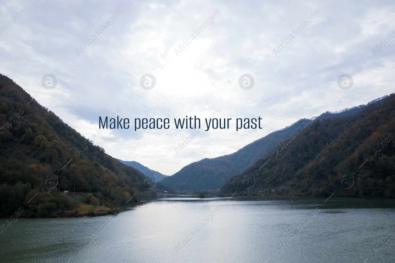 Image of Make peace with your past, affirmation. River in beautiful mountains