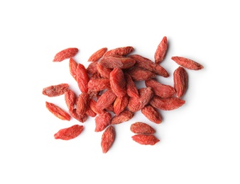 Photo of Pile of dried goji berries on white background