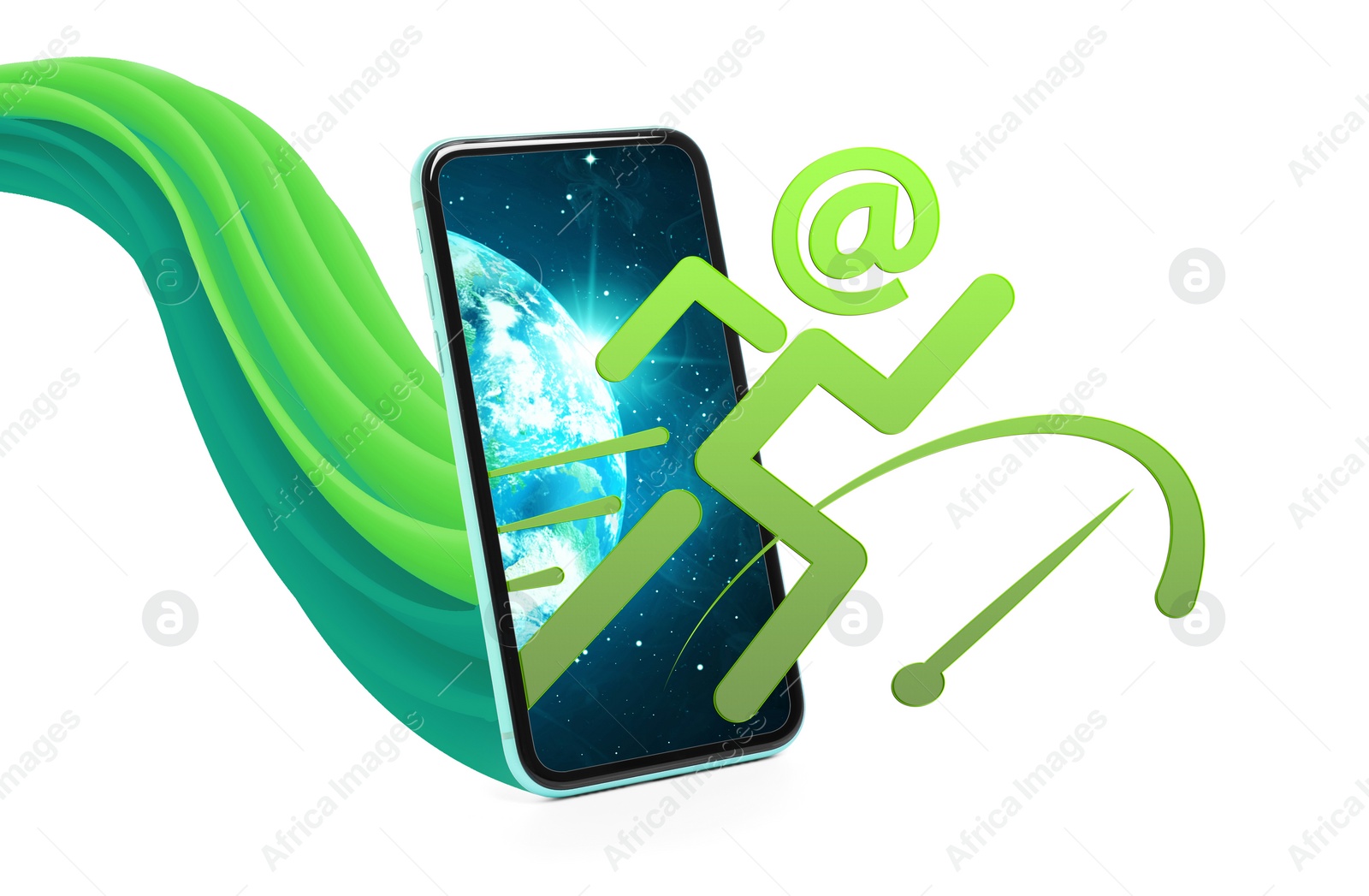 Image of Fast internet connection. Human figure with email address symbol head running out of smartphone on white background