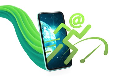 Fast internet connection. Human figure with email address symbol head running out of smartphone on white background