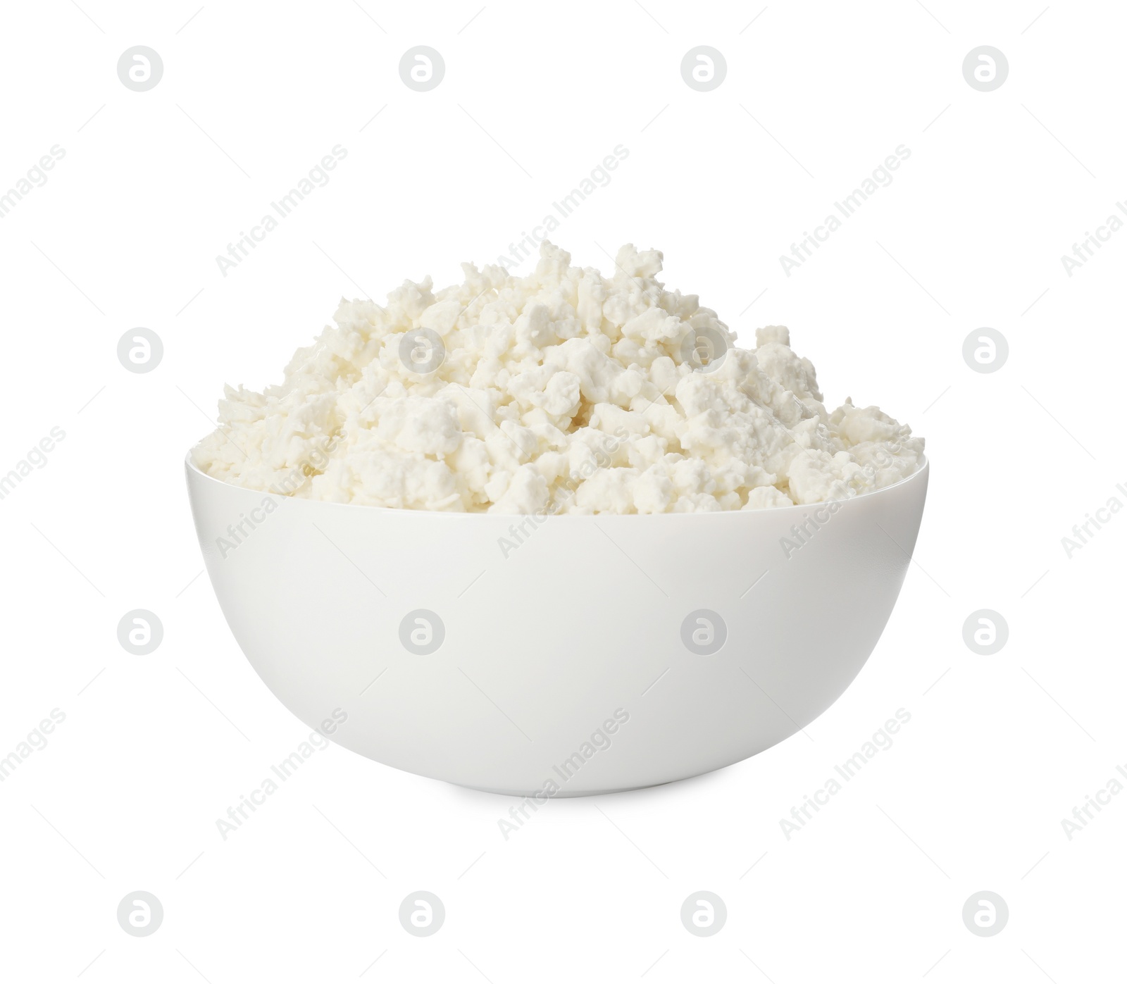 Photo of Delicious fresh cottage cheese in bowl isolated on white