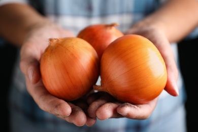 Photo of Farmer holding fresh ripe onions, closeup view