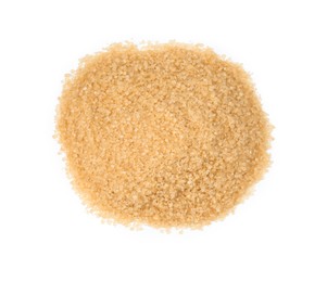 Photo of Pile of brown sugar isolated on white, top view