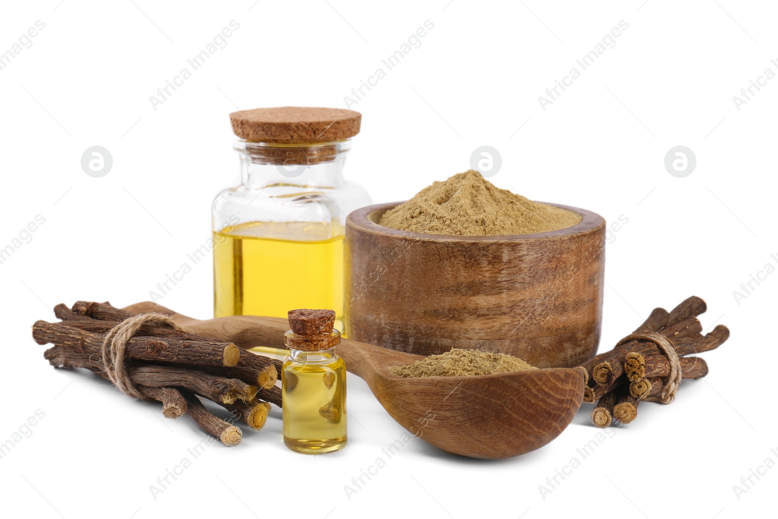 Photo of Dried sticks of licorice root, powder and essential oil isolated on white