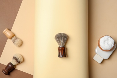 Photo of Flat lay composition with shaving accessories for men on color background