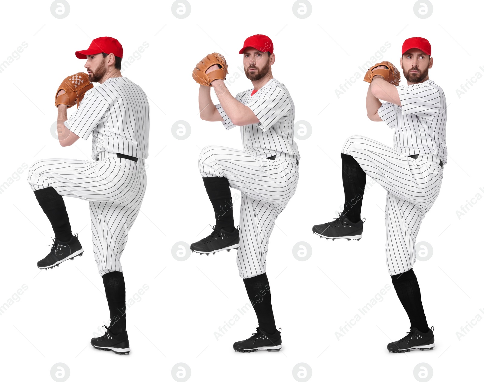 Image of Baseball player with leather glove on white background, set of photos