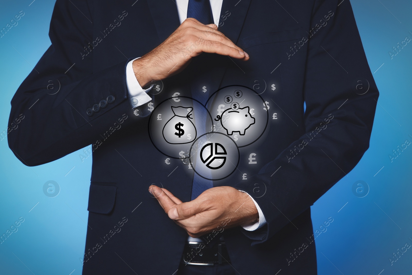 Image of Fintech concept. Man demonstrating different icons on light blue background, closeup