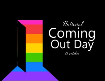 Illustration of National Coming Out Day, 11 October. Open door showing light in pride flag colors, illustration