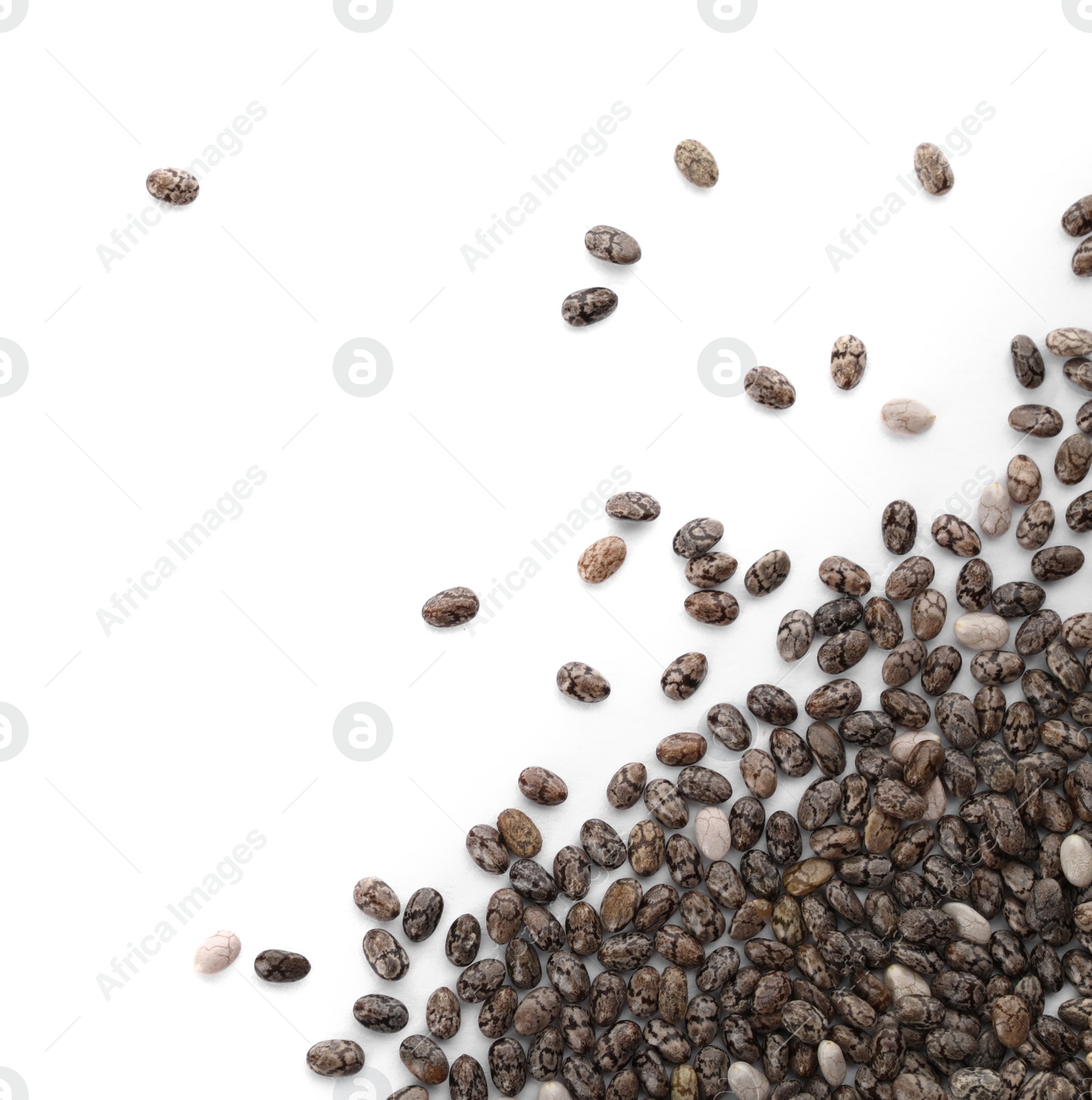 Photo of Pile of chia seeds on white background, top view