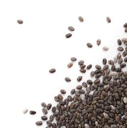 Pile of chia seeds on white background, top view