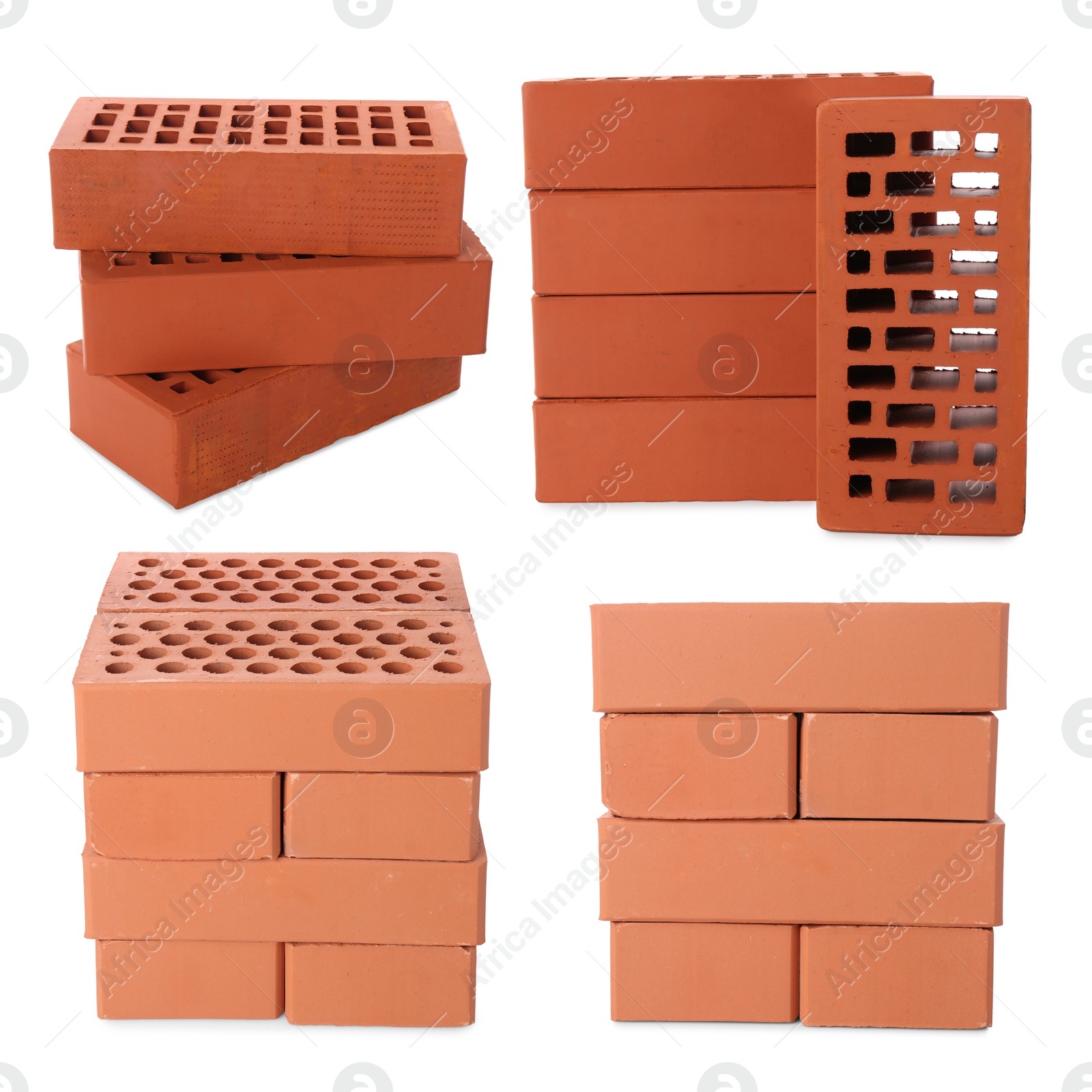 Image of Set of stacked red bricks on white background