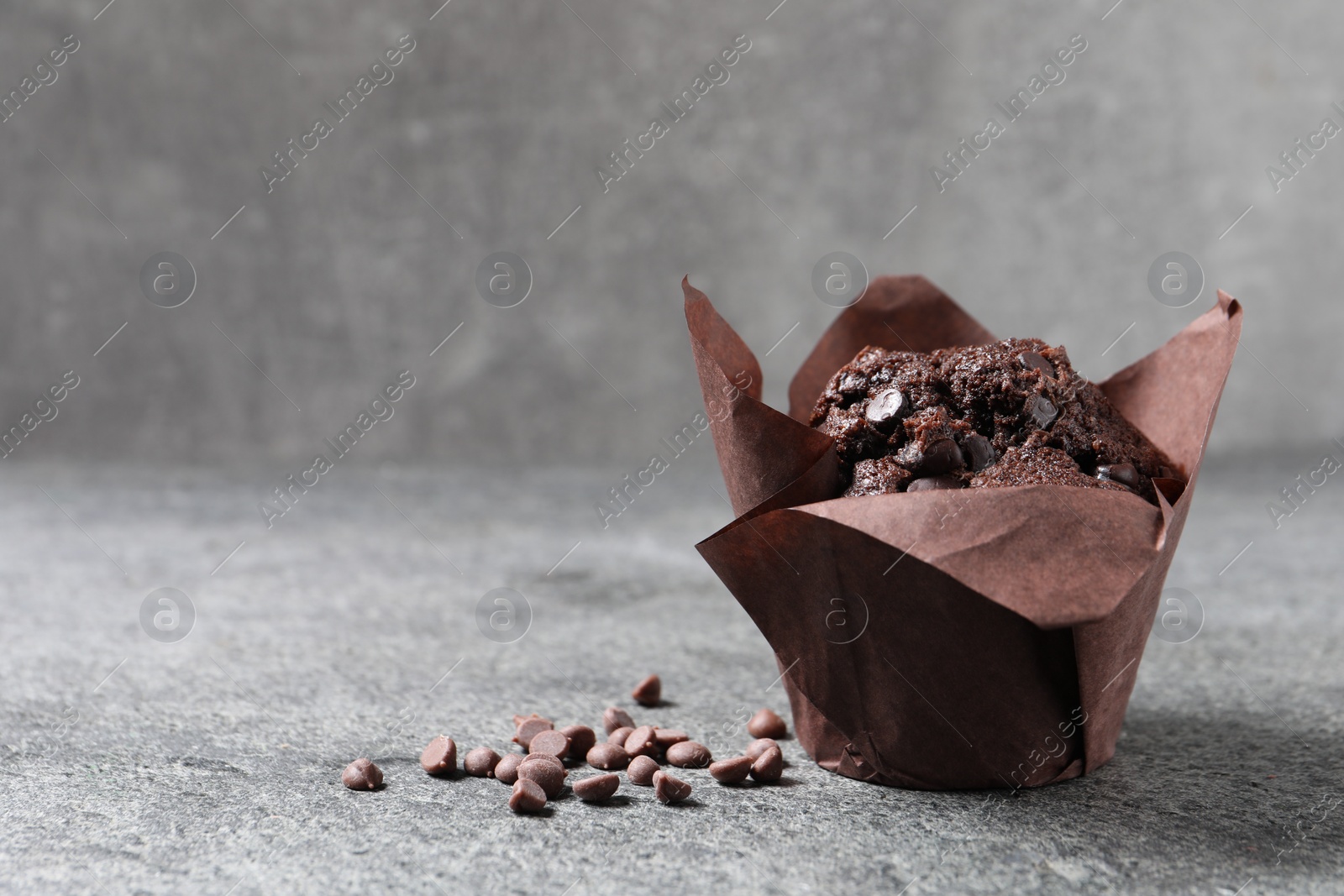 Photo of Tasty chocolate muffin on grey table, closeup. Space for text