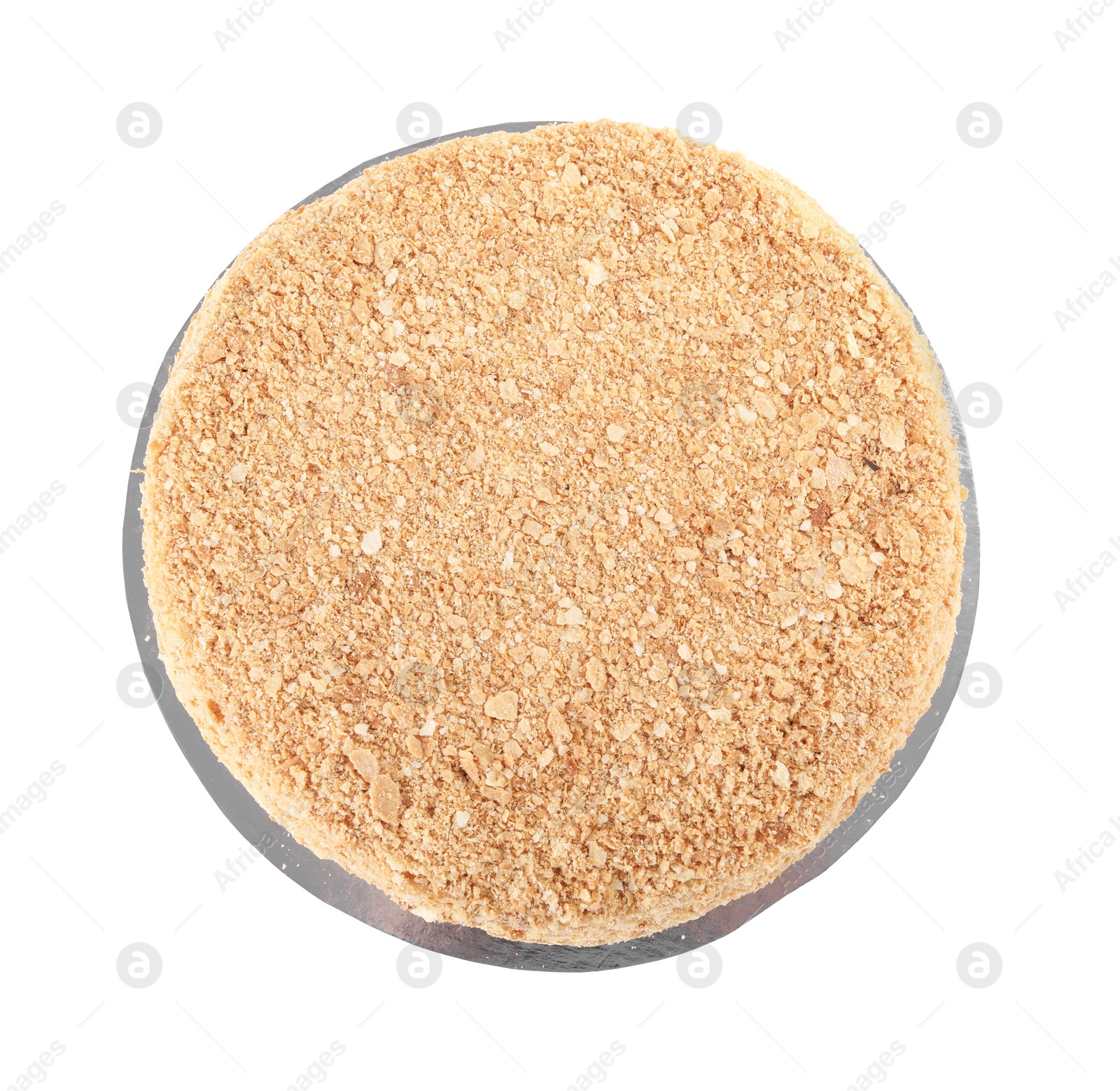 Photo of Delicious freshly baked Napoleon cake isolated on white, top view