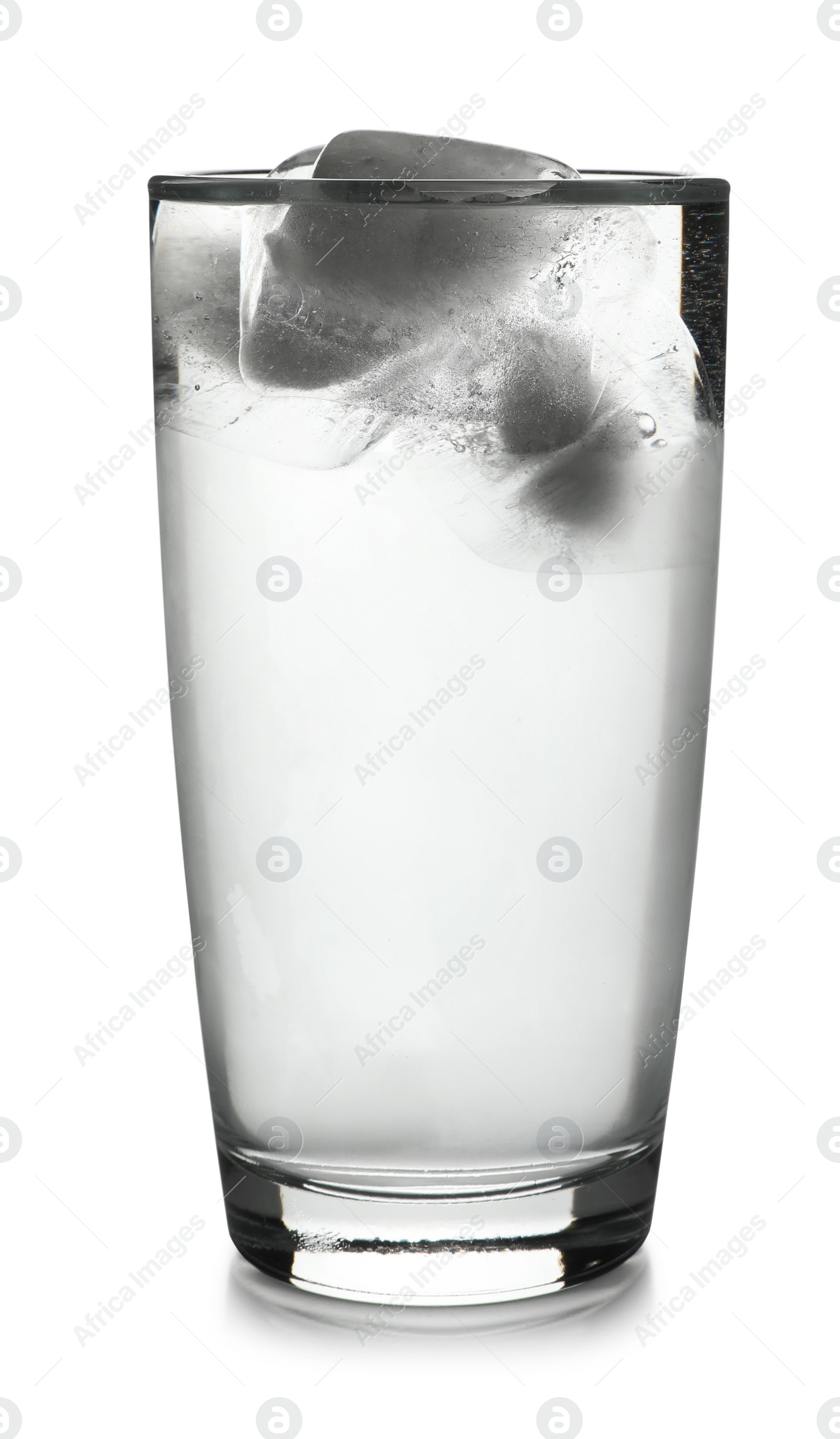 Photo of Glass of cold clear water with ice on white background. Refreshing drink