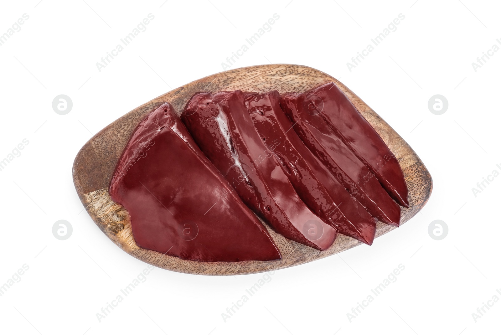 Photo of Cut raw beef liver isolated on white, top view