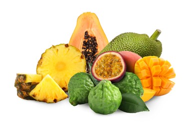 Image of Many different fresh fruits on white background