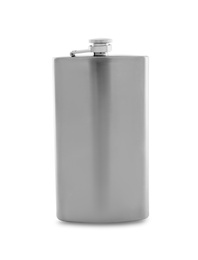 Photo of Shiny stainless steel pocket flask isolated on white