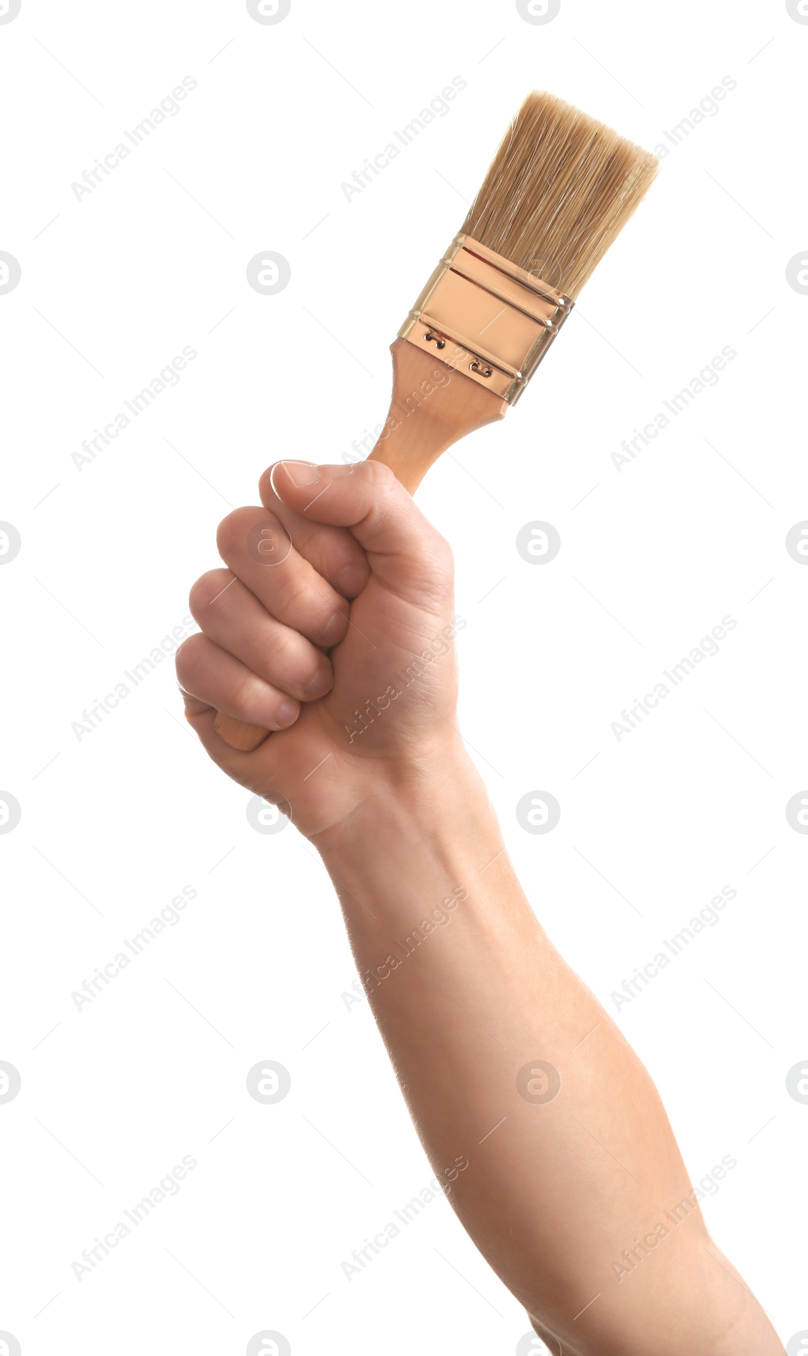 Photo of Man holding brush isolated on white. Construction tools