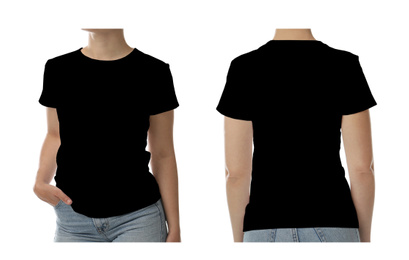 Image of Woman in black t-shirt on white background, closeup