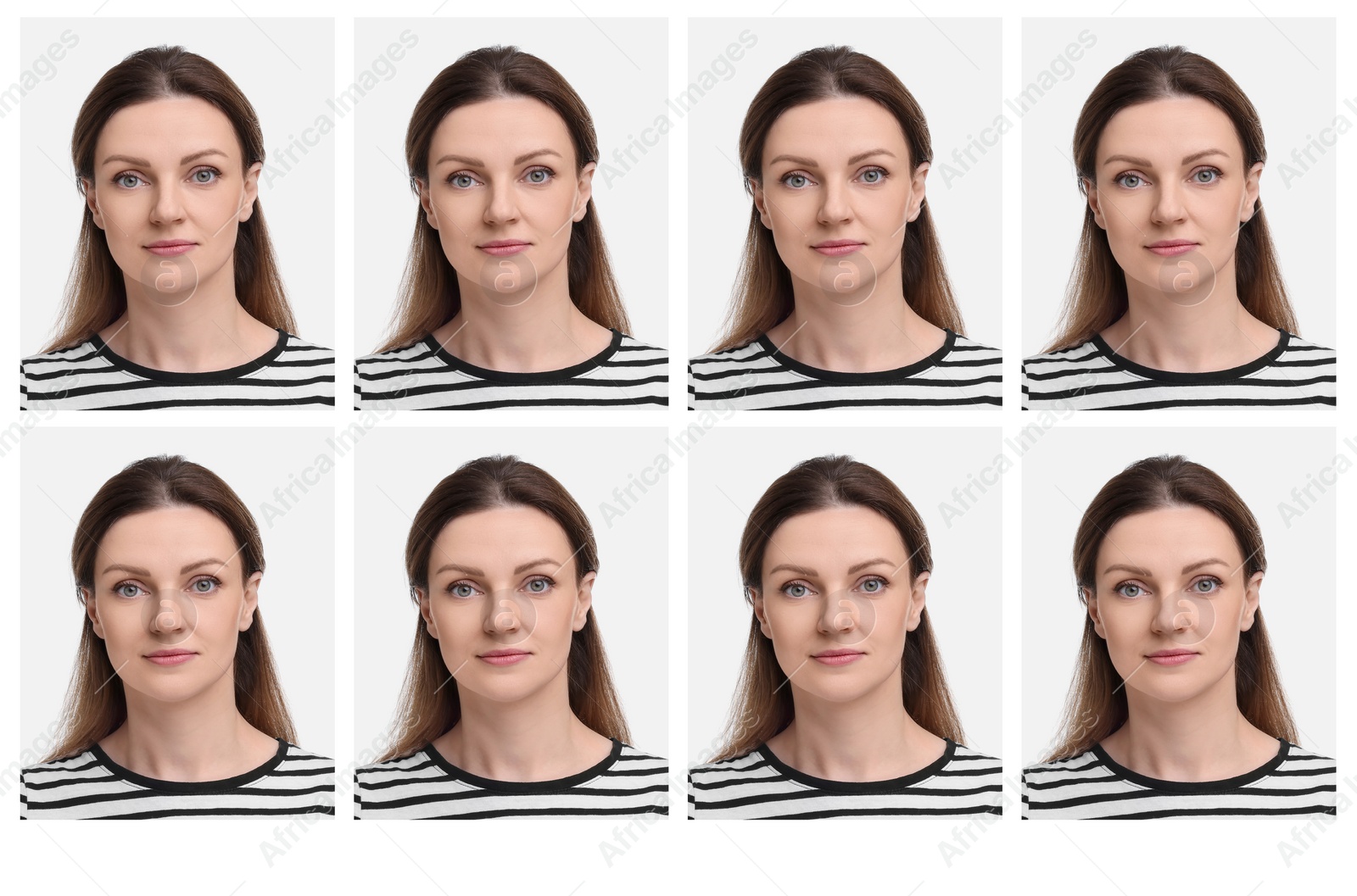 Image of Passport photo, collage. Woman on white background, set of photos