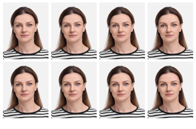 Image of Passport photo, collage. Woman on white background, set of photos