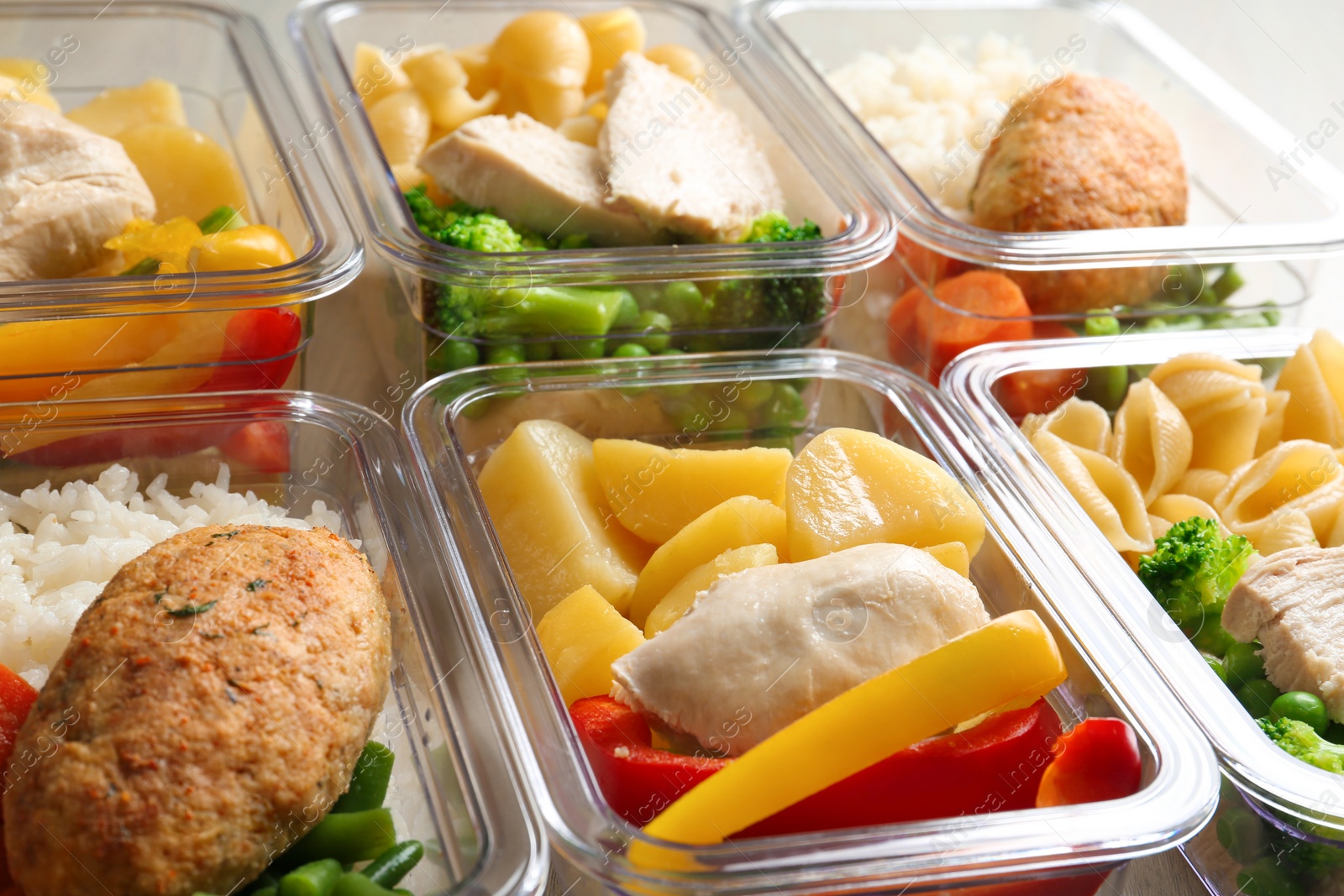 Photo of Boxes with prepared meals as background, closeup