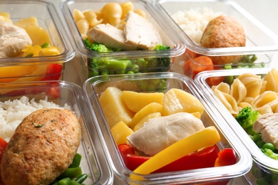 Photo of Boxes with prepared meals as background, closeup