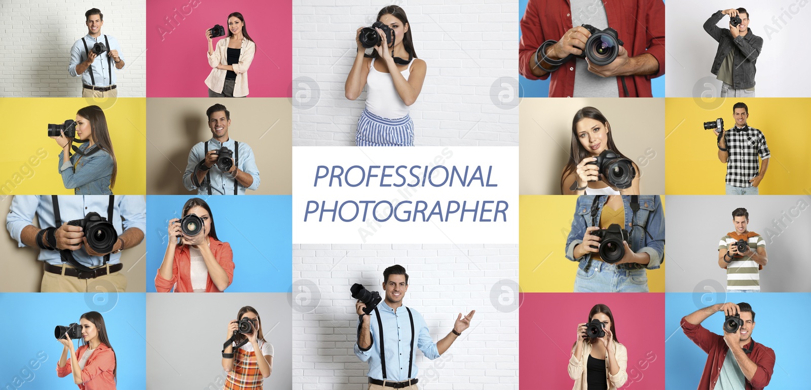 Image of Collage of different people with cameras and text Professional Photographer