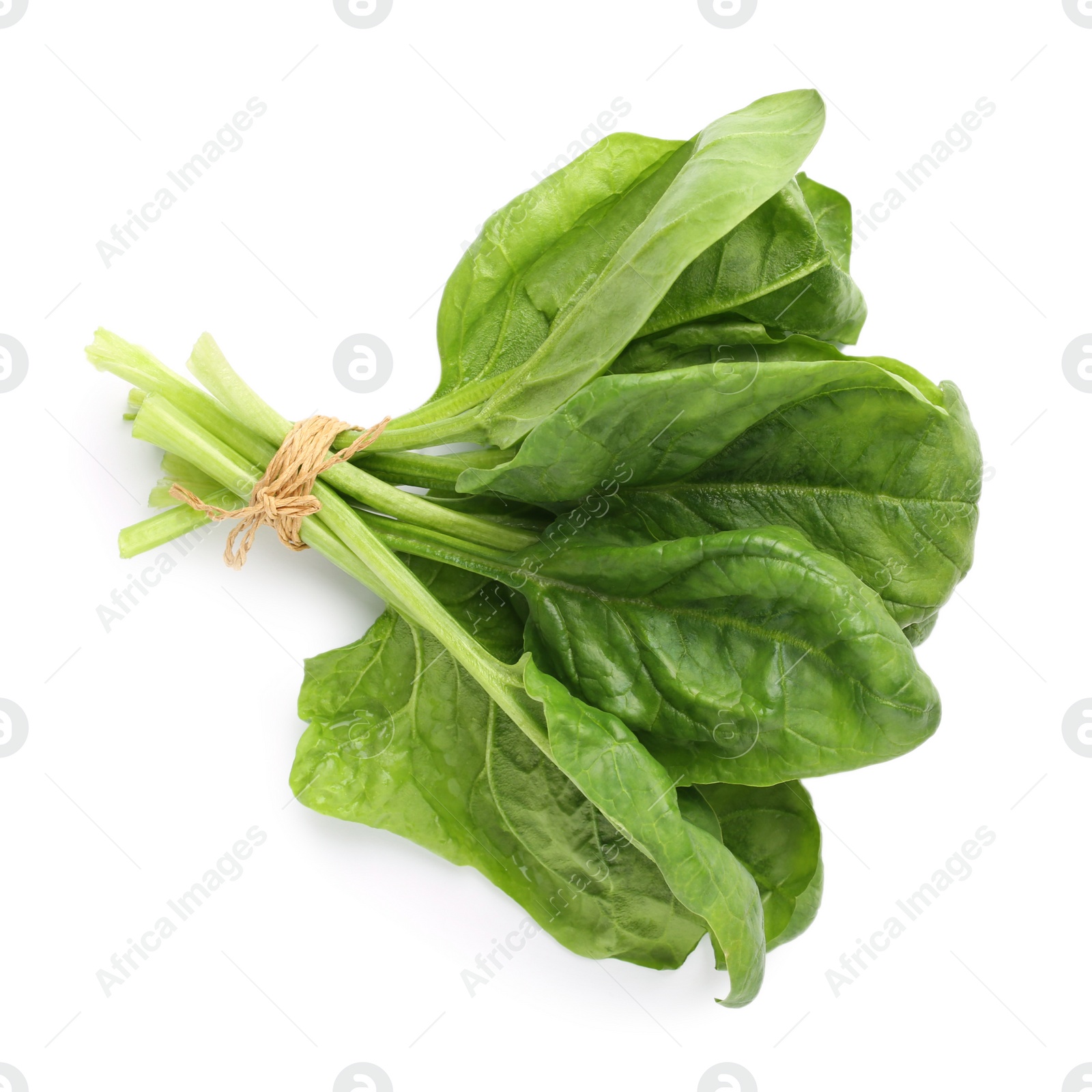 Photo of Bundle of fresh spinach isolated on white, top view