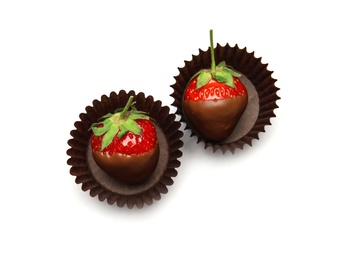 Delicious chocolate covered strawberries on white background