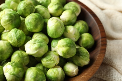 Bowl of fresh Brussels sprouts on fabric, closeup