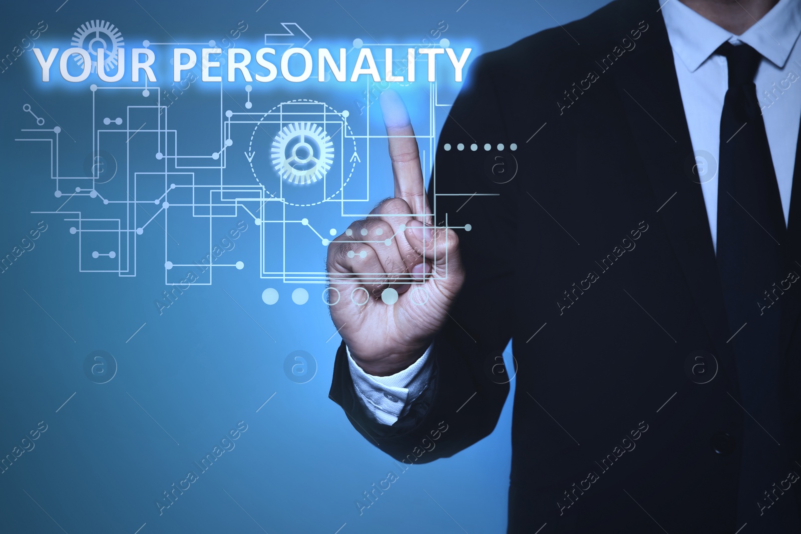 Image of Man pointing at phrase YOUR PERSONALITY on virtual screen against blue background, closeup 