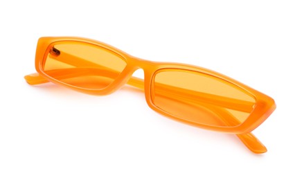 Photo of Stylish sunglasses on white background. Beach object