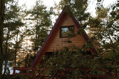 Picturesque view of modern wooden house with veranda near forest on sunny day