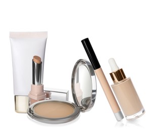 Image of Set with different decorative cosmetics on white background. Luxurious makeup products 