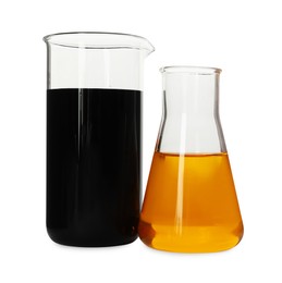 Photo of Beaker and flask with different types of oil isolated on white