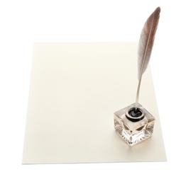 Feather pen with inkwell and blank paper on white background. Space for text