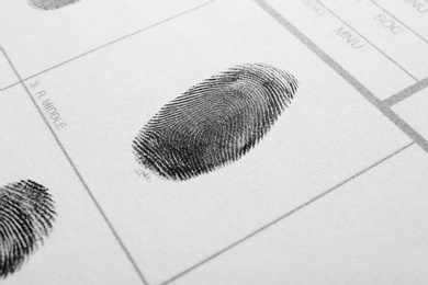 Fingerprint record sheet, closeup view. Criminal investigation