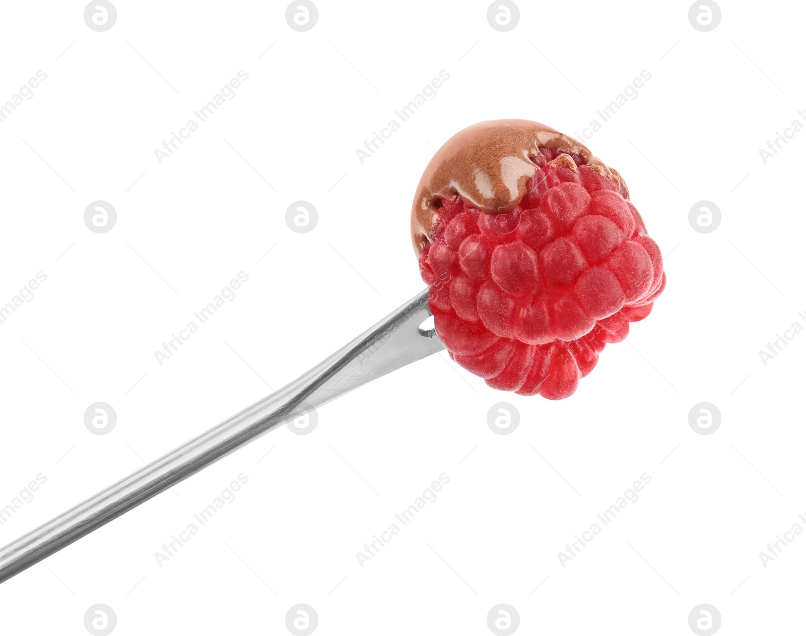 Photo of Raspberry with melted chocolate isolated on fondue fork against white background